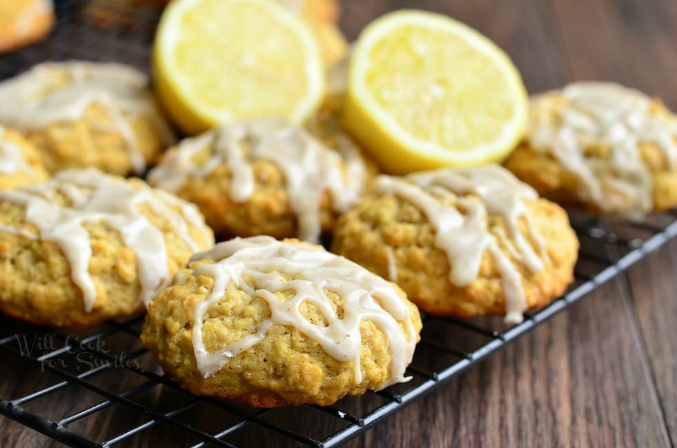 Oatmeal Cookies with a lemon glaze on a cooling rack 