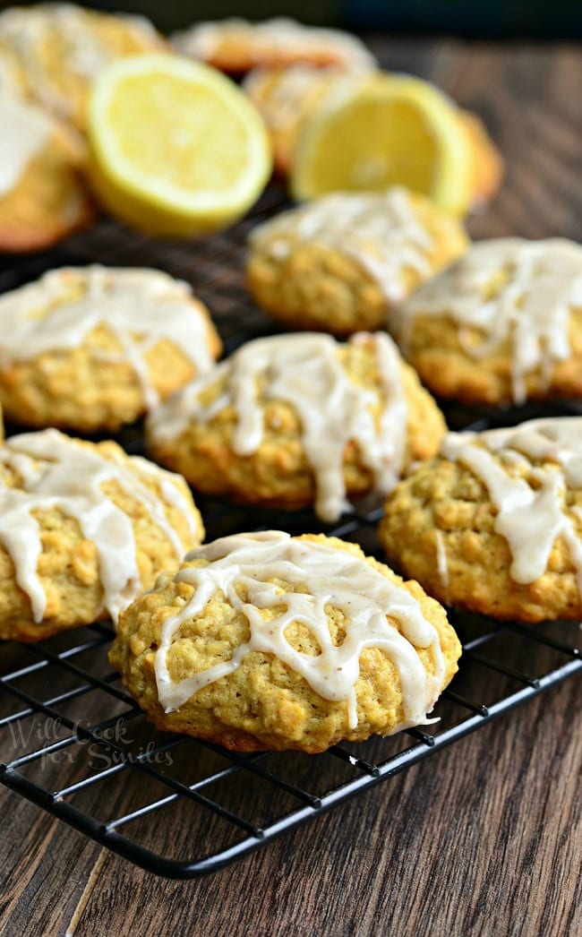 Oatmeal Cookies with a lemon glaze on a cooling rack 