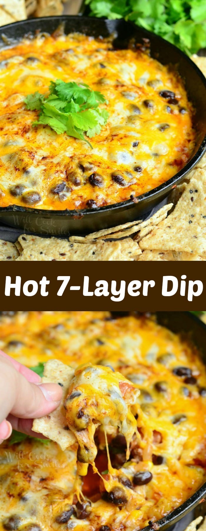 7 Layer Dip!Icheesy, beefy dip in a skillet with layers of beef, veggies, and cheese. collage 