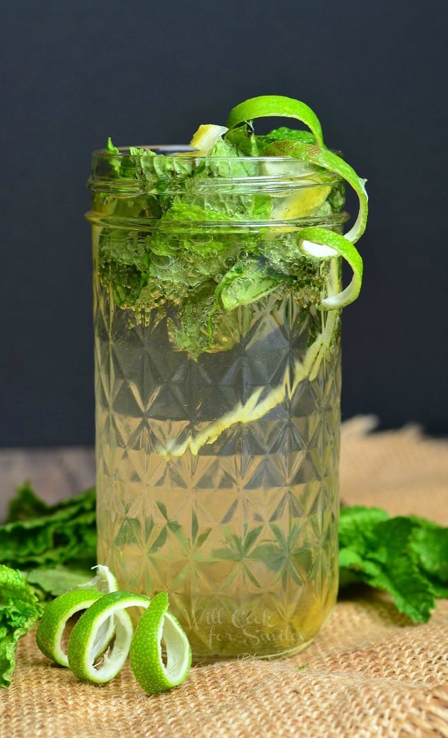 Lemon Lime Mojito with mint leaves and lemon on top as garnish on a table 