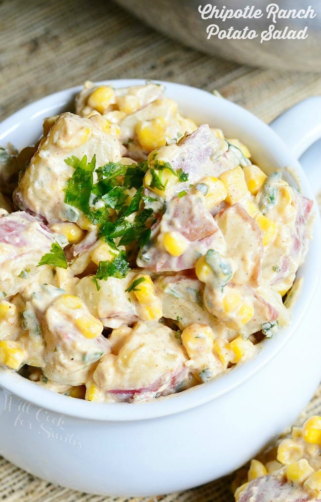 Chipotle Ranch Potato Salad. An amazing side dish made with red potatoes, fresh corn, cilantro and chipotle ranch sauce. | from willcookforsmiles.com