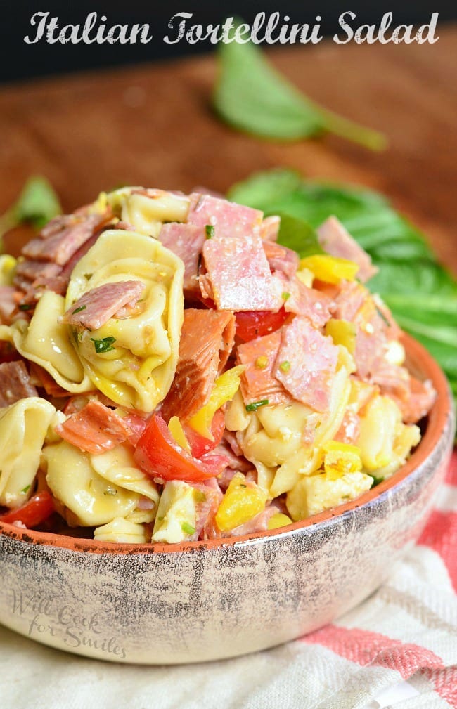 Tortellini Salad in a serving bowl 