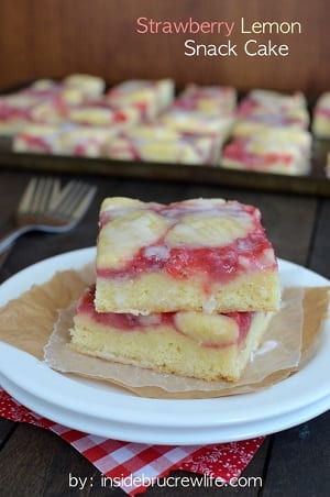 strawberry lemon cake on a white plate 