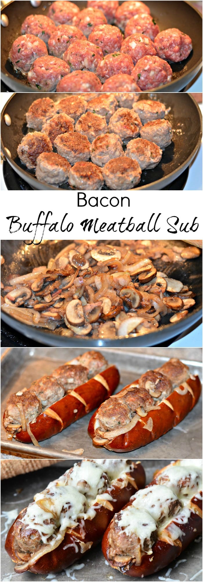 Five photos: Top photo is of uncooked meatballs in a pan. Second picture is of the meatballs being cooked. Third picture is the veggies being cooked in a pan. Fourth picture is of the meatballs lined on the pretzel sub rolls, placed on a baking sheet. Fifth photo is of the subs assembled. They are topped with delicious, melted cheese.