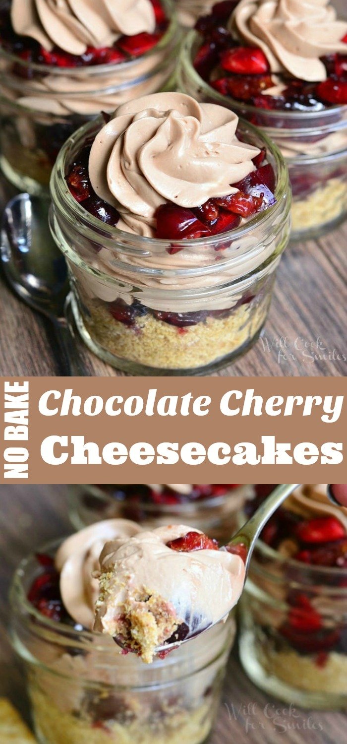 Chocolate Cherry Cheesecake Pie In A Jar collage 