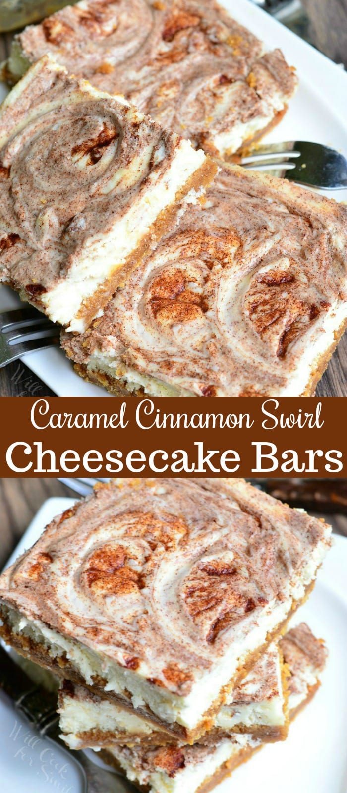 Two photos: Top photo is of several Caramel Cinnamon Swirl Cheesecake Bars lay piled on a small, white plate. Several forks lay on the plate as well. Bottom photo is of several Caramel Cinnamon Swirl Cheesecake Bars stacked on a small white plate.