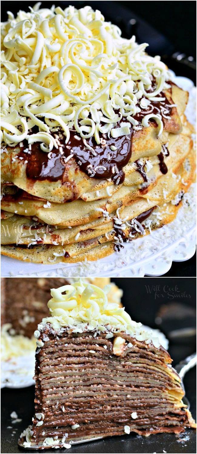 Two photos: Top photo is the Double Chocolate Chocolate Pudding Crepe Cake served on a white dish. The crepes are stacked on one another with filling between layers. The cake is topped with more chocolate pudding and white chocolate shavings. The bottom photo is a side view of one piece of the cake.