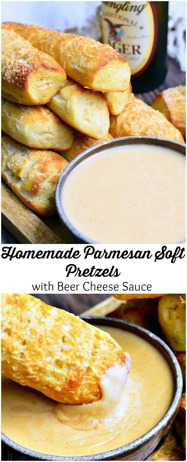 Two photos: A mound of Homemade Soft Pretzels placed on a wooden board. Pretzels are a nicely golden brown. Infront of the pretzels, is a bowl of beer cheese dip. In the background, there is a bottle of beer. The bottom photo is one homemade soft pretzel being dipped into the bowl of beer cheese dip.