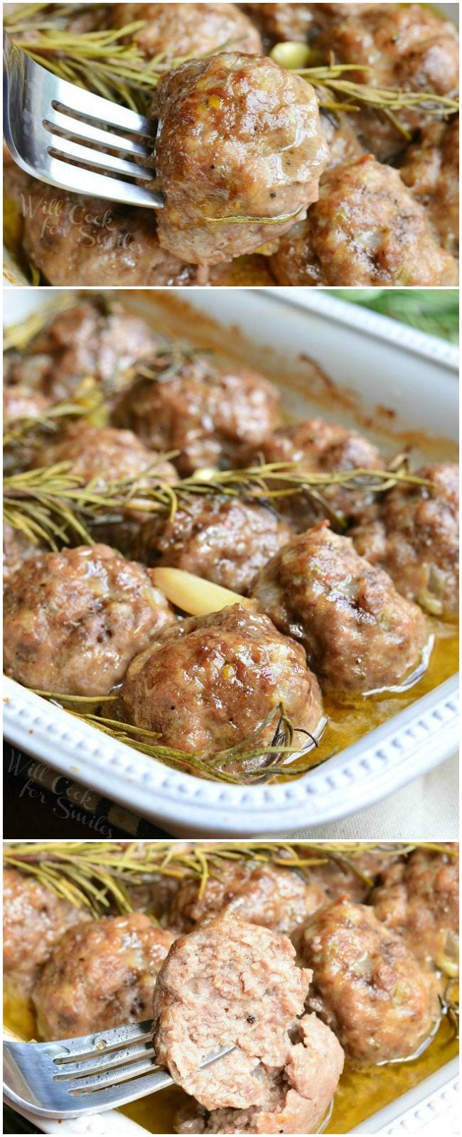 Three photos: Top photo is of a fork inserted into a meatball lifting it above the others. Middle photo is the Rosemary Garlic Baked Meatballs in a white baking dish with rosemary and pieces of garlic after being in the oven. The bottom photo is of the fork again but only holding half a meatball.