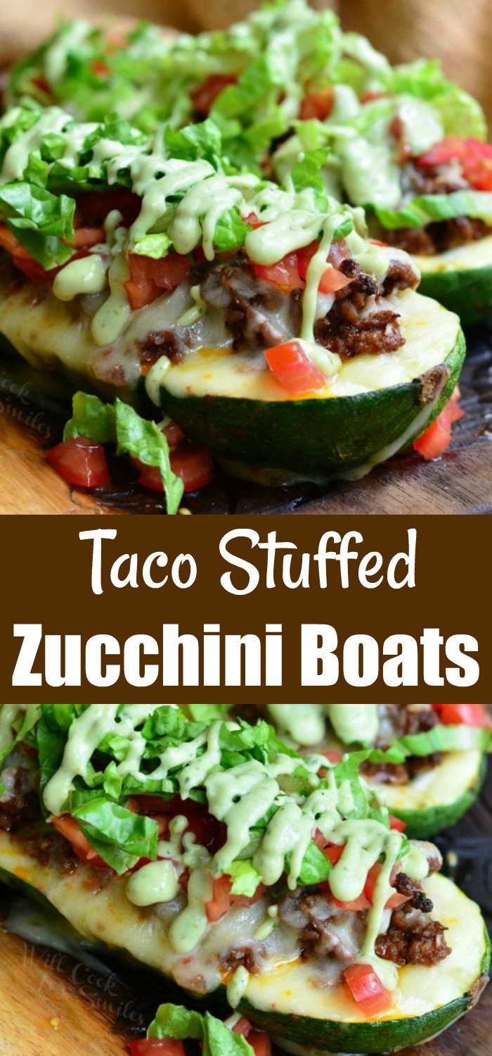 Two photos: the top shows a side view of two Taco Stuffed Zucchini Boats on a wooden board. They are topped with lettuce, tomatoes, and drizzled with avocado dressing. The bottom photo shows more of a top view of the zucchini boats.