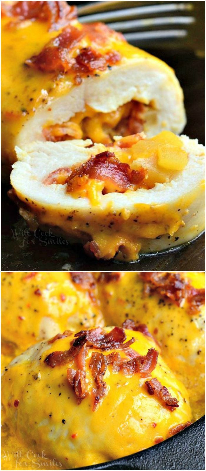 Two photos: top photo is sliced chicken breast that's been stuffed with apples, bacon, and cheese. Melted cheese and bacon appear on top of the remaining chicken breast. Bottom photo is Apple Bacon Cheddar Stuffed Chicken breasts in a black skillet covered in melted cheese and bacon.