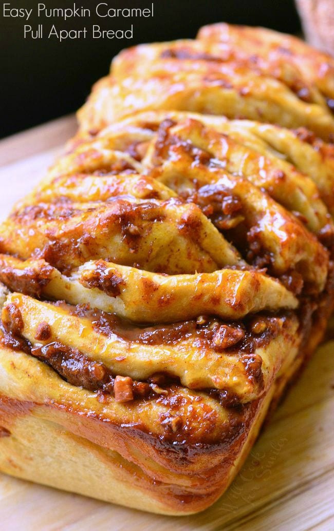 Easy Pumpkin Caramel Pull Apart Bread on a cutting board 