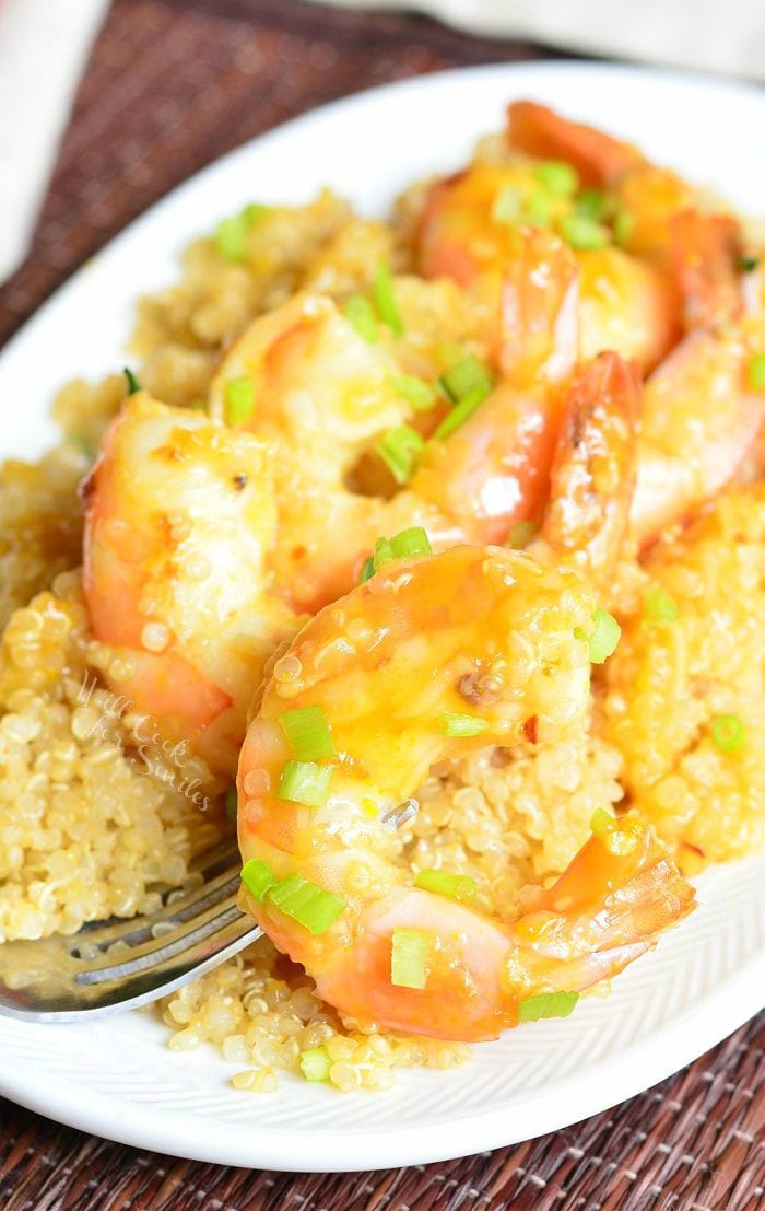 Orange Shrimp with Quinoa in a white bowl 