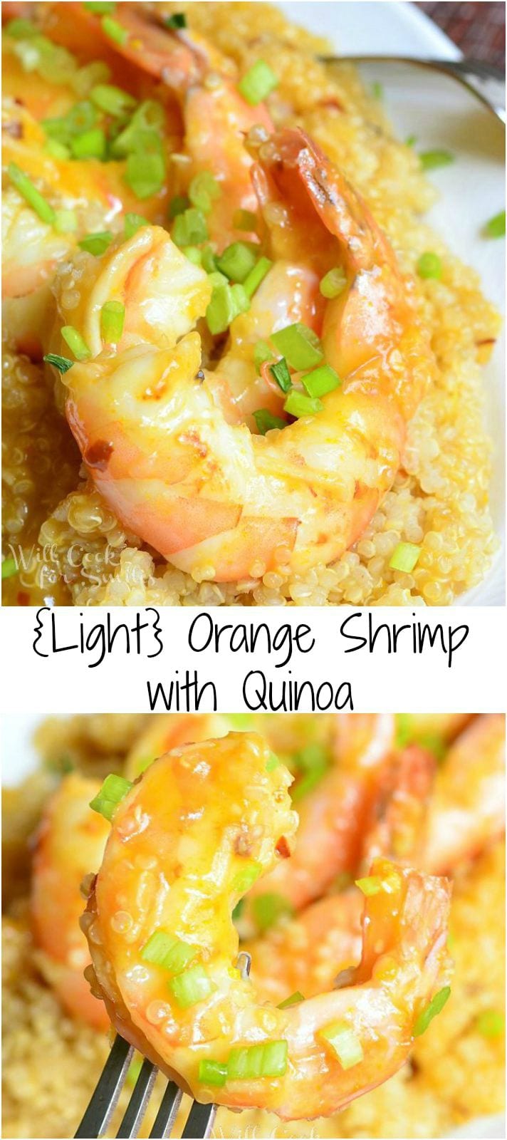 Orange Shrimp with Quinoa in a white bowl photo collage 