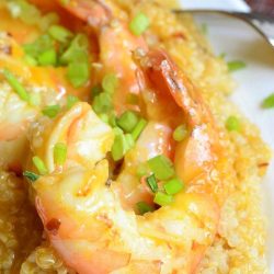 Oval white plate with light orange shrimp with quinoa with a fork resting at the right of the dish