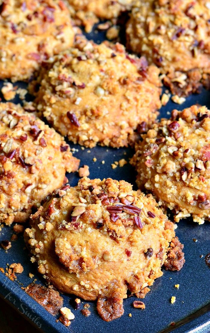 top view photo of Maple Bacon Streusel Muffins on a baking sheet 