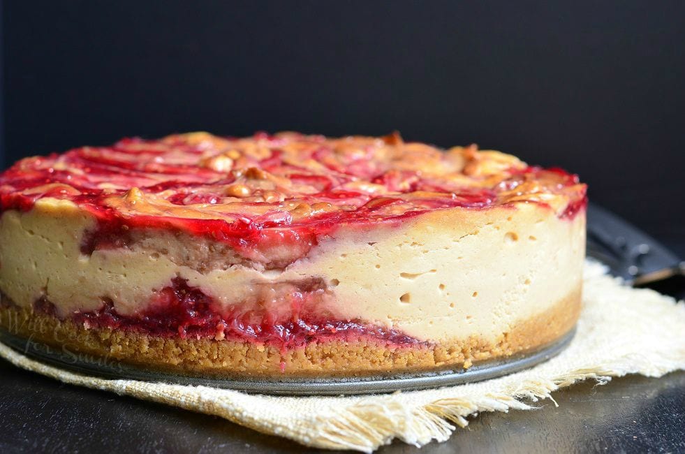 Side view of the Peanut Butter and Jelly Cheesecake as a whole.