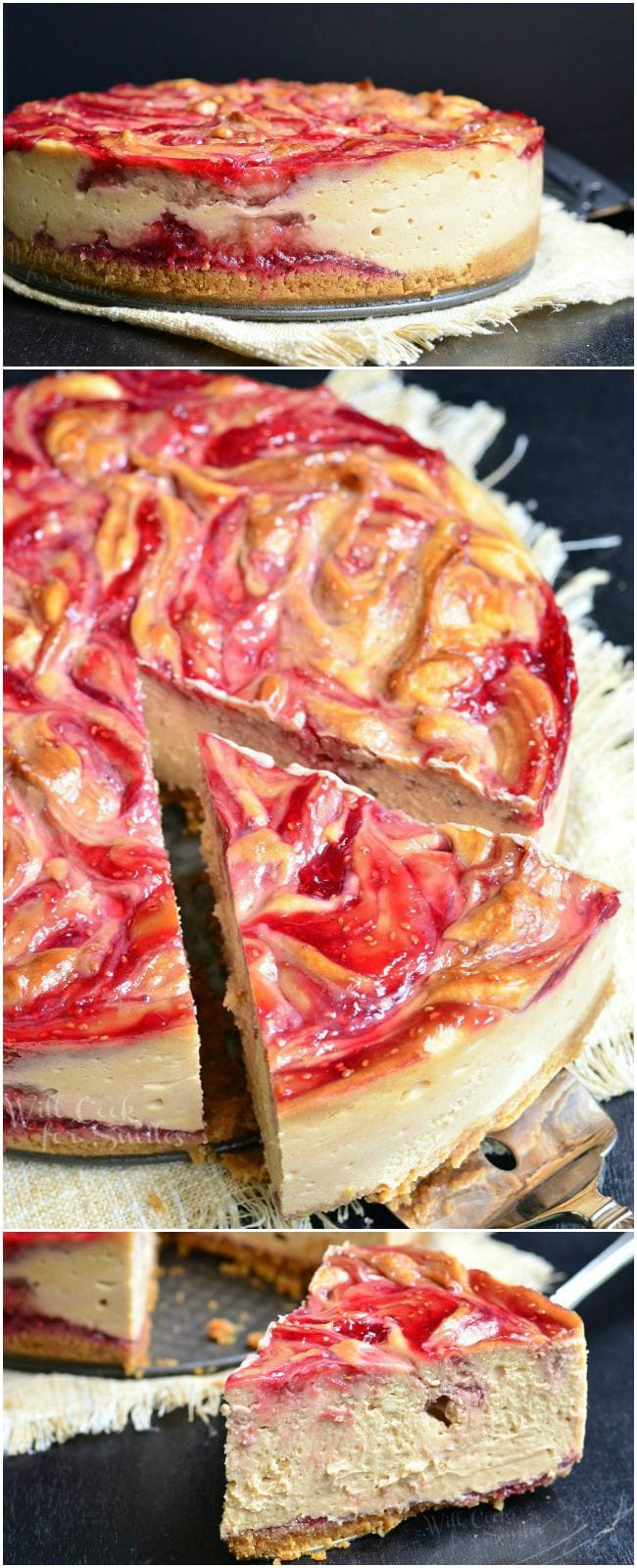 Three photos: Top shows Peanut Butter and Jelly Cheesecake as a whole. Middle photo shows a large piece being removed by a pie server. Bottom photo shows the piece of pie that was removed at an angle. In each photo, there are swirls of peanut butter and red jelly, with seeds, on top of the cheesecake.