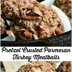 2 picture collage of pretzel crusted parmesan turkey meatballs