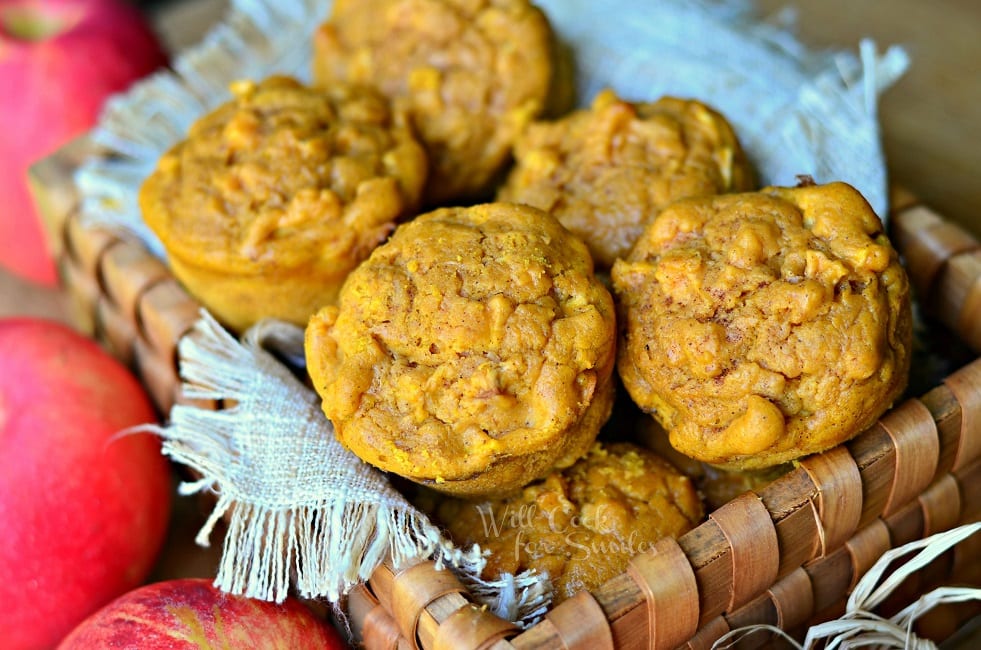 Horizonal photo of Pumpkin Apple Muffins in a basket