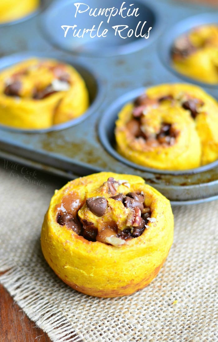 Pumpkin Turtle Rolls on a table with the rest in a muffin tin 