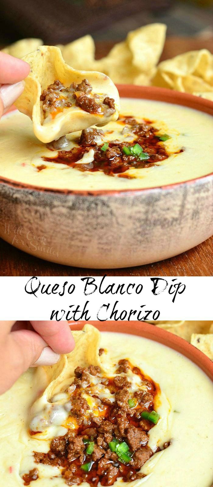 2 picture collage of queso blanco dip with chorizo