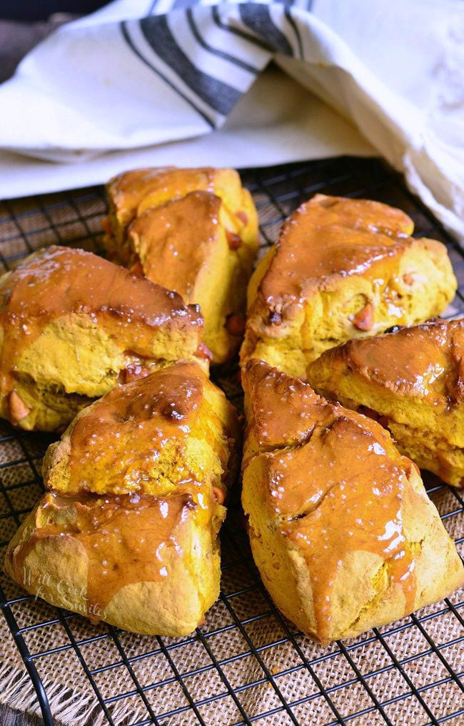 Salted Caramel Butterscotch Pumpkin Scones on a cooling rack 