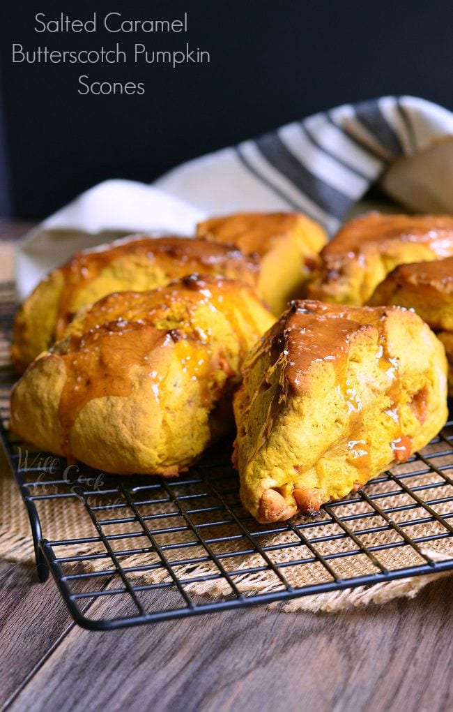 Salted Caramel Butterscotch Pumpkin Scones on a cooling rack 