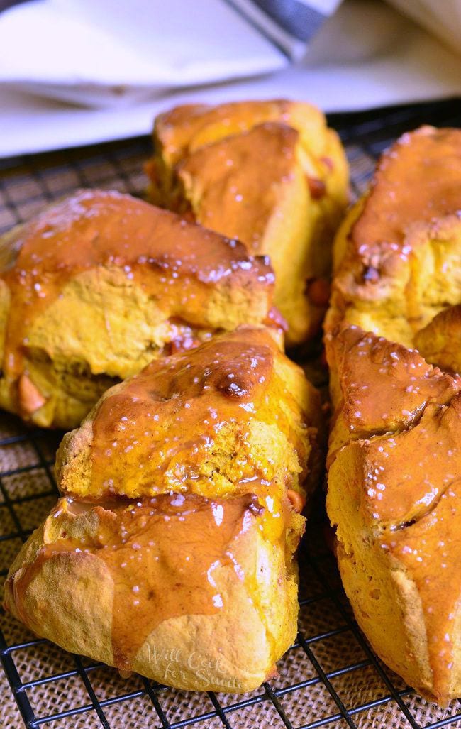 close up photo of Salted Caramel Butterscotch Pumpkin Scones on a cooling rack 