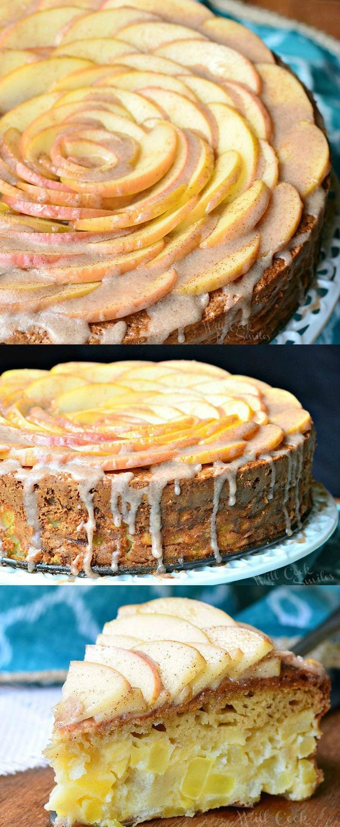 Cinnamon Glazed Apple Cake with thinly sliced apples on top and a cinnamon glaze on a white cake stand 