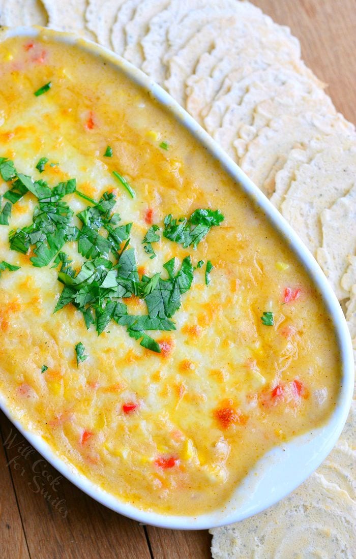 top view of Corn Chowder Hot Dip with cilantro as garnish 