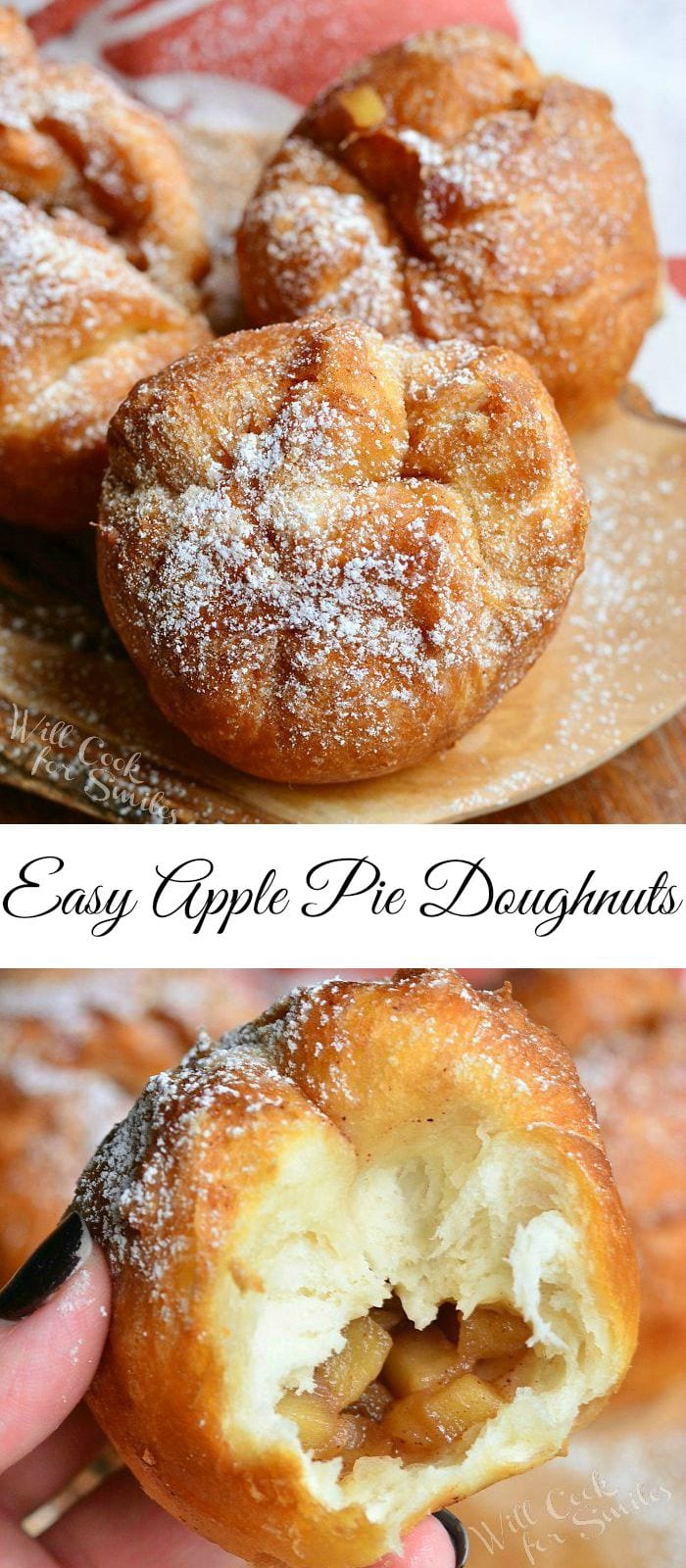 Photo Collage top photo Apple Pie Doughnuts on a wood plate bottom photo holding apple pie donut 