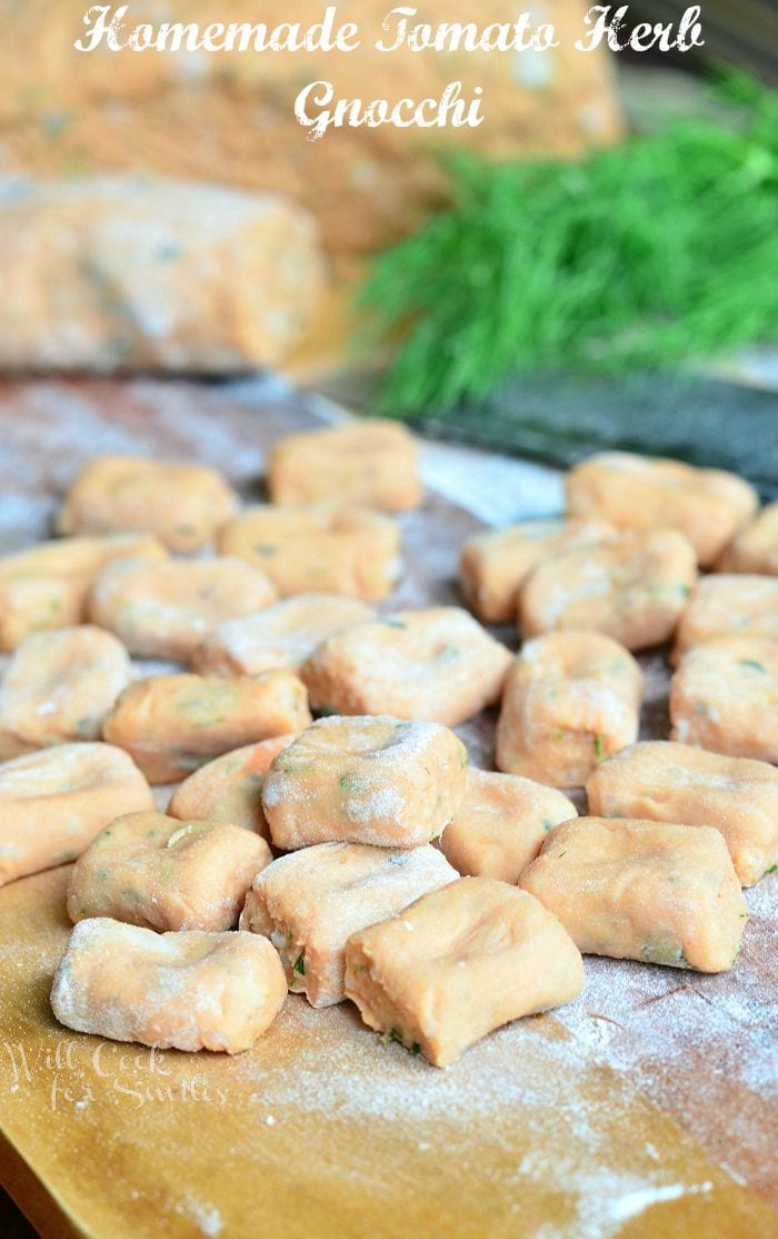 Tomato Herb Gnocchi cut on a table 