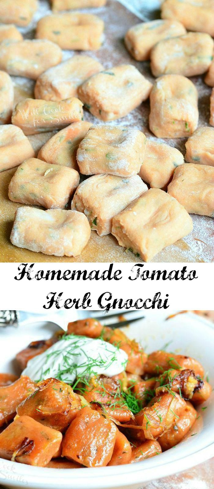 photo collage with top photo of uncooked Tomato Herb Gnocchi on a cutting board bottom photo gnocchi cooked in a bowl with sour cream on top