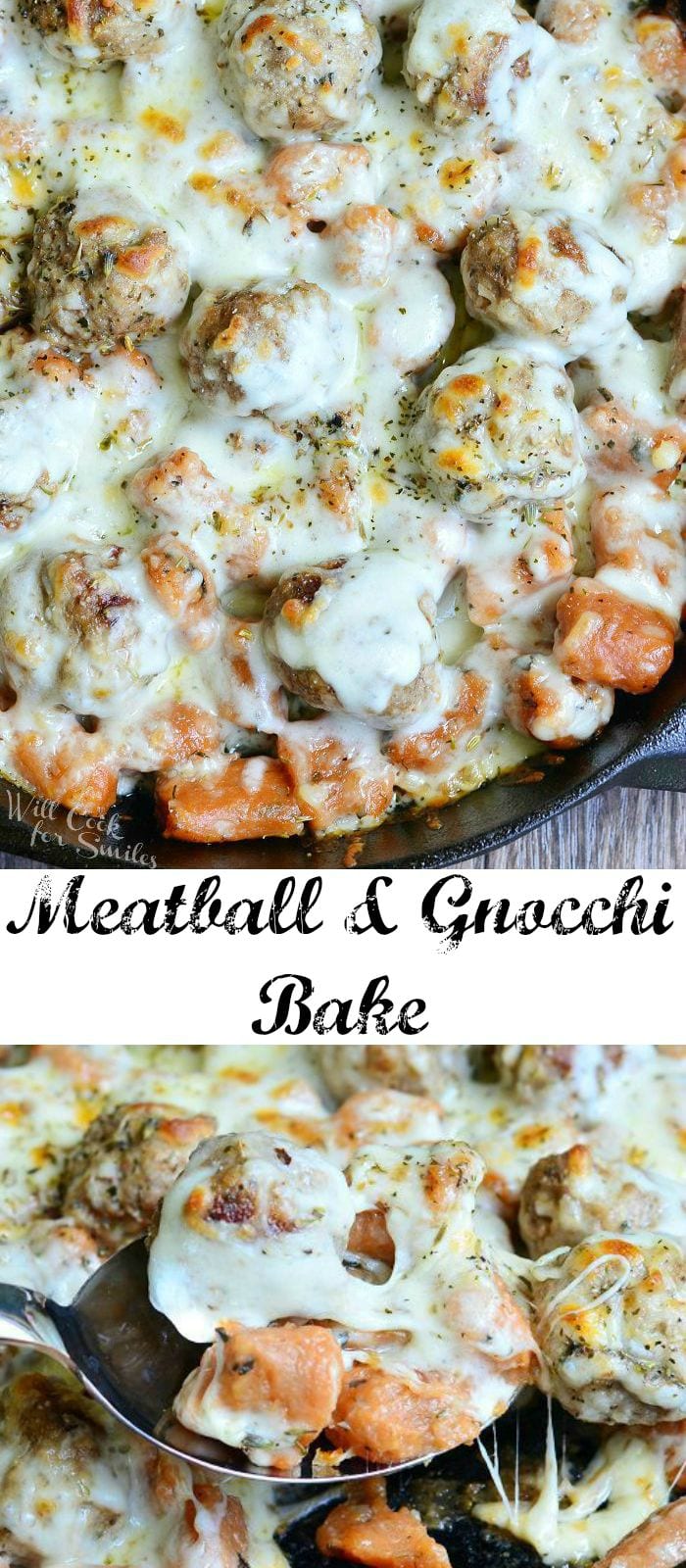 top view photo of Meatball and Gnocchi Bake with cheese on top in a cast iron skillet  collage 