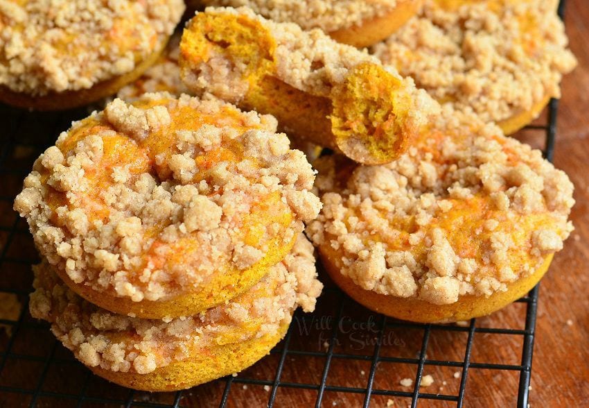 Pumpkin Carrot Cake Streusel Donuts on a cooling rack 