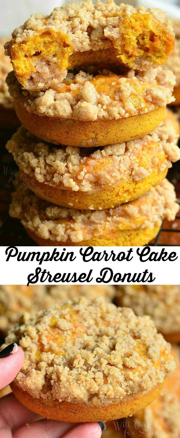 photo collage Pumpkin Carrot Cake Streusel Donuts stacked on top of each other bottom photo is holding a donut 