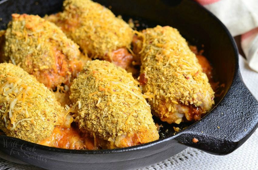 Southwest Pork Rollups in a cast iron skillet 