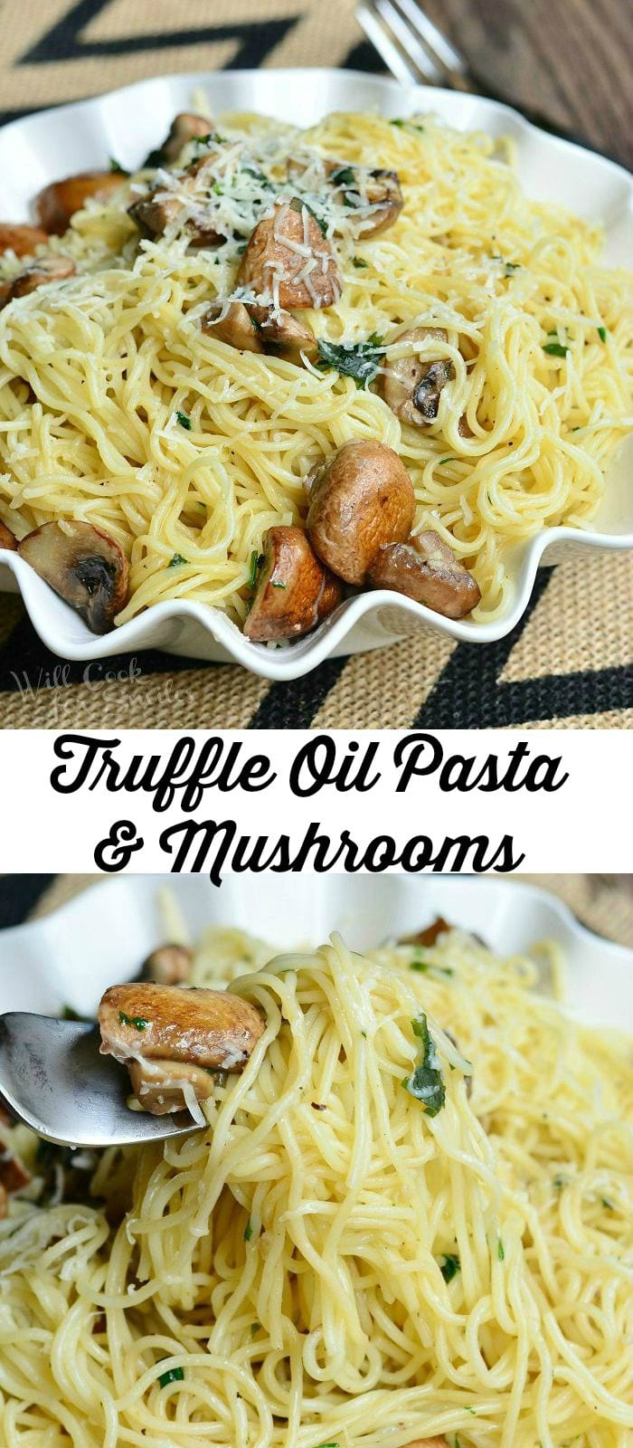 Truffle Pasta and Mushrooms in a white bowl photo collage 