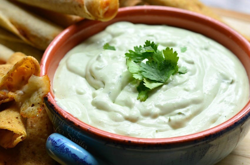 Avocado Ranch Dip with cilantro in a bowl 