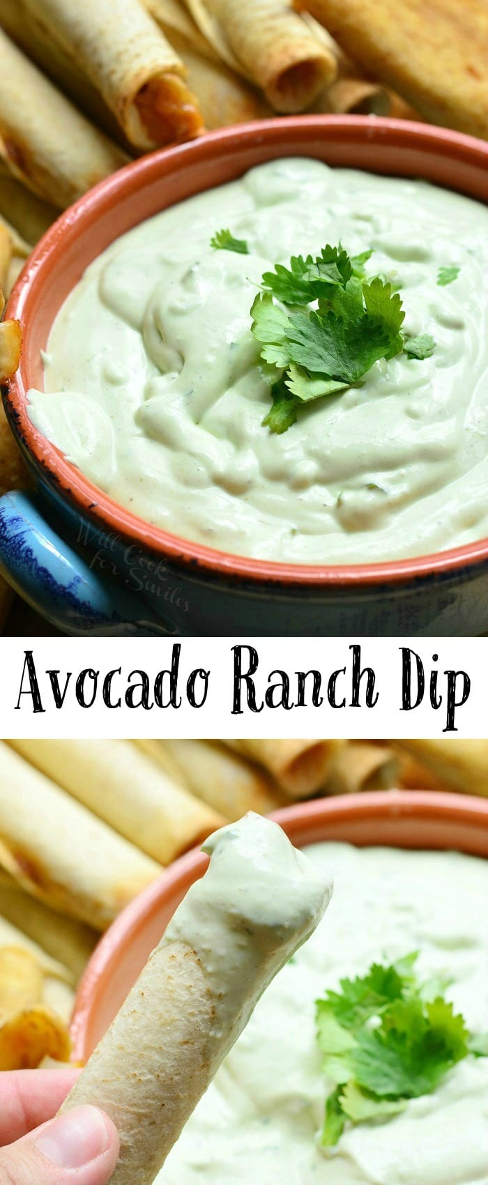 photo collage Avocado Ranch Dip with cilantro in a bowl bottom photo taquito dipped in ranch dip 