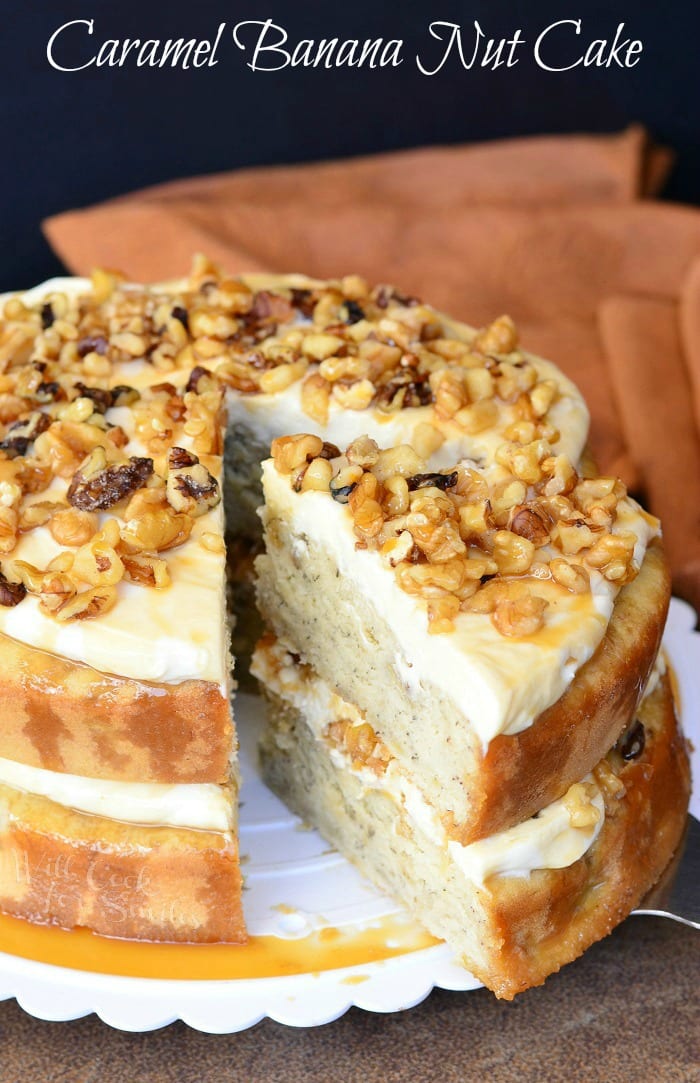 Caramel Banana Nut Cake slice on a cake stand 