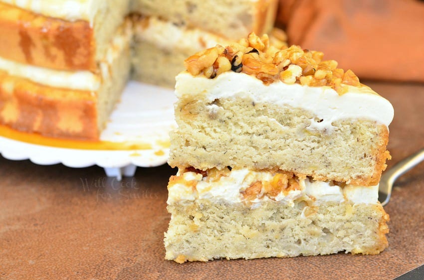 Caramel Banana Nut Cake slice on a table 