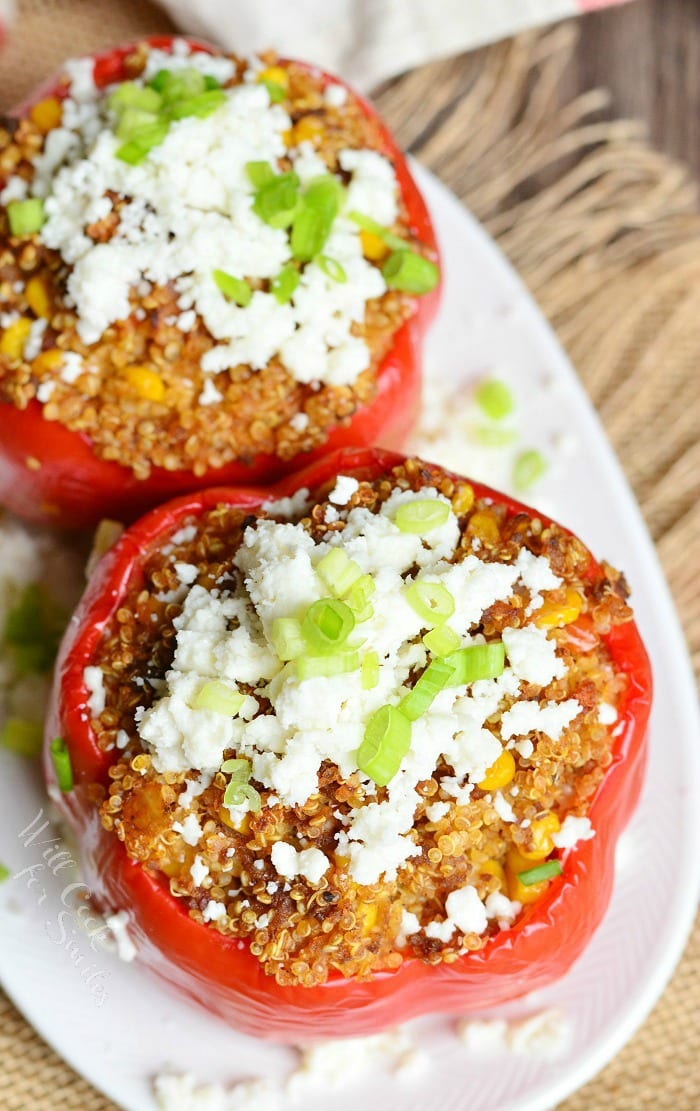 top view Chorizo and Quinoa Stuffed Peppers on a plate 