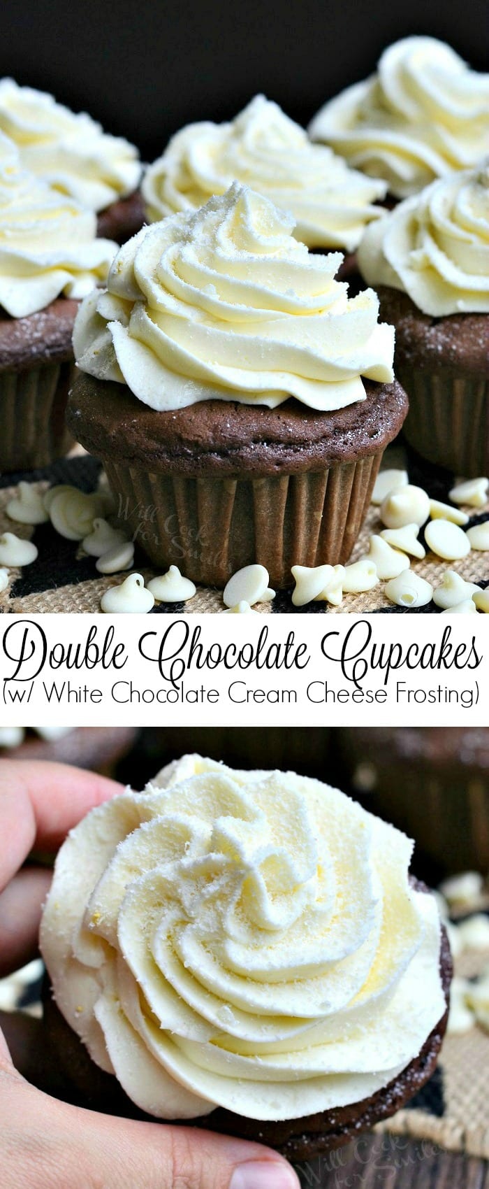  Double Chocolate Cupcakes with cream cheese cupcakes on a table with white chocolate chips around the it photo collage 