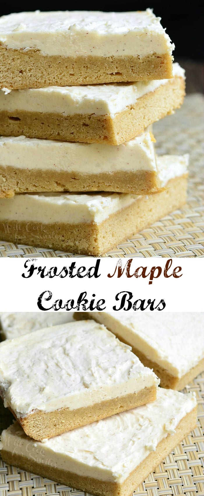 Frosted Maple Cookie Bars stacked up on placemat 