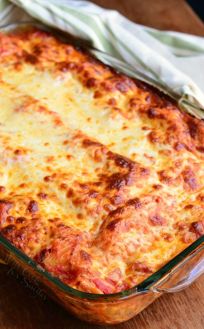 Italian Sausage Lasagna in a glass baking pan 