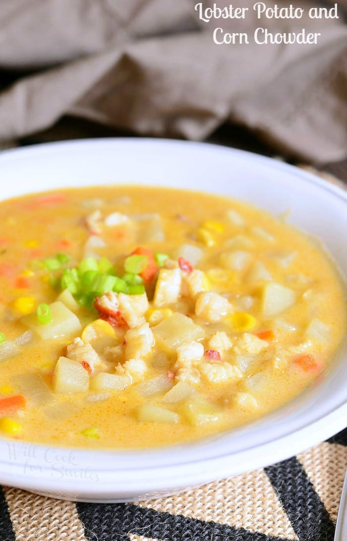 Lobster, Potato, and Corn Chowder in a bowl 