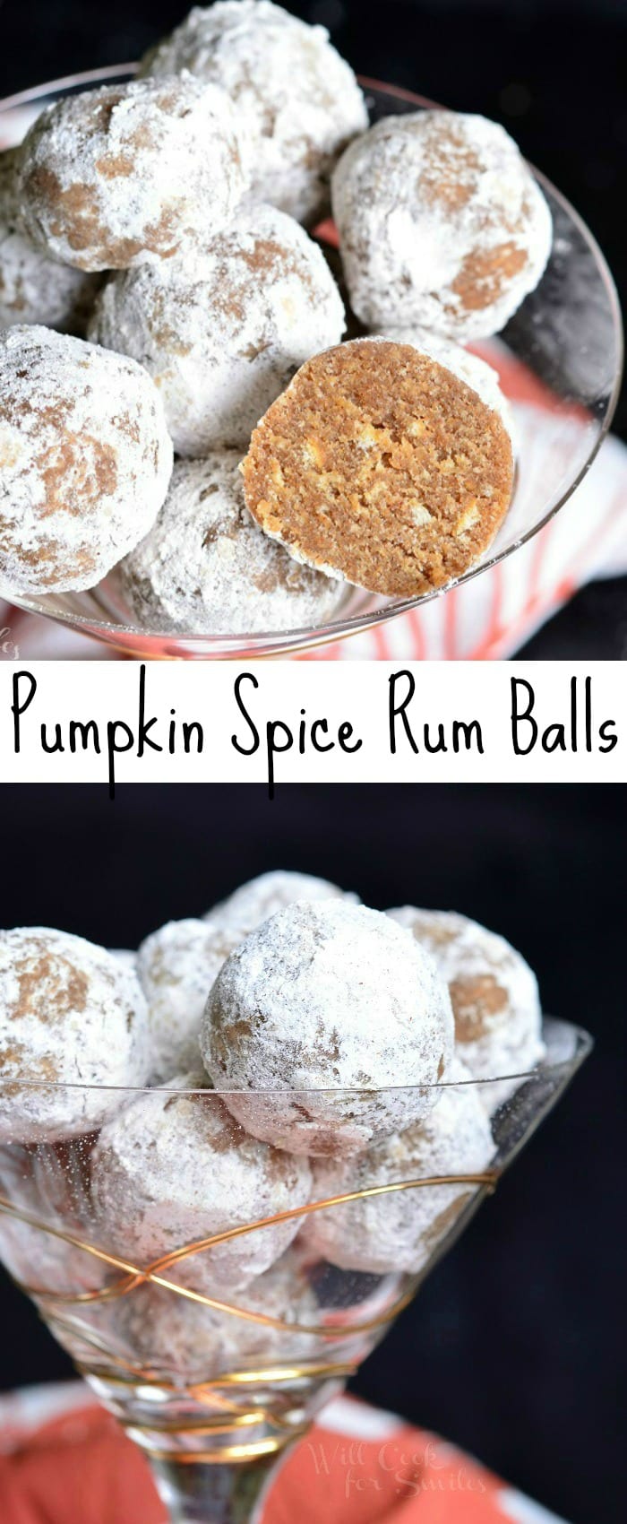 Pumpkin Spice Rum Balls with powder sugar on the outside of them in a champagne glass photo collage