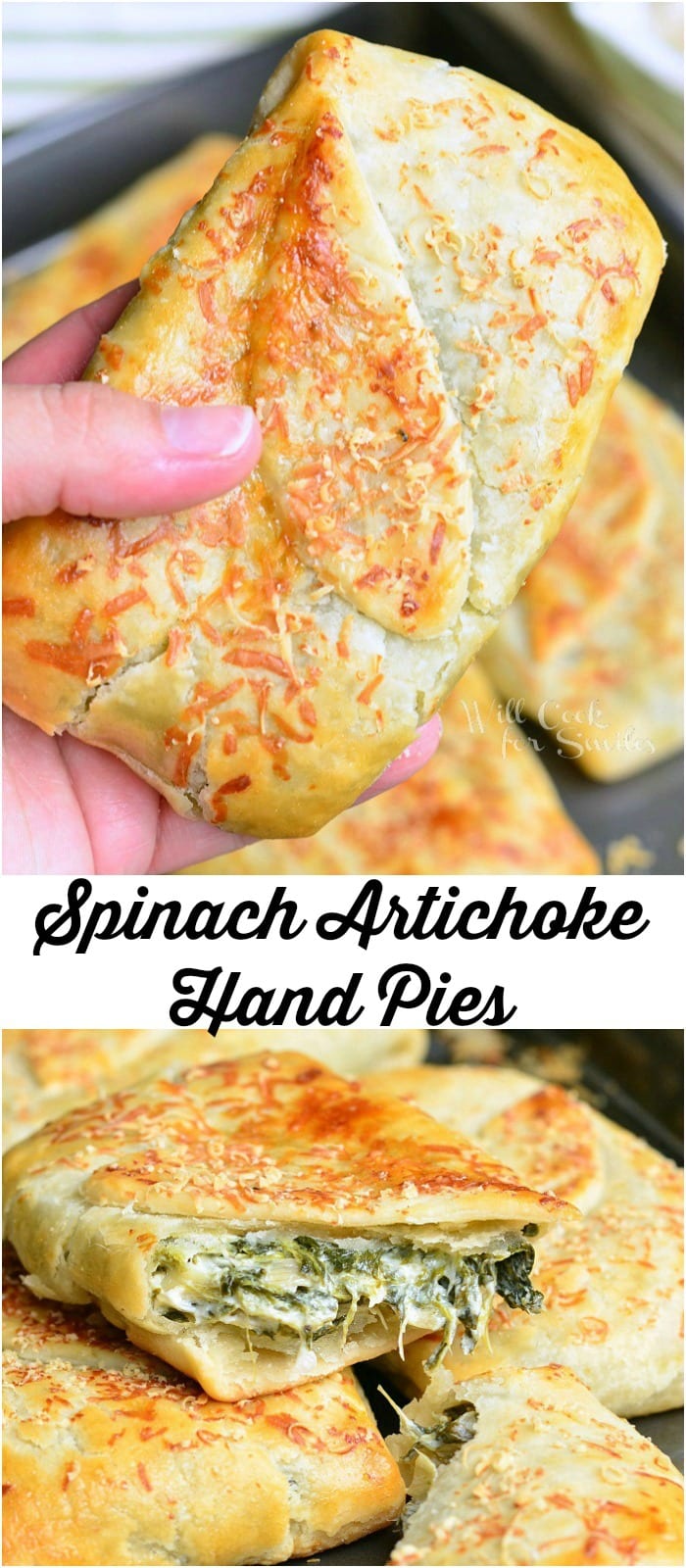 Photo collage top photo holding Spinach Artichoke Hand Pie bottom photo hand pies stacked on top of each other with the top one cut in half 